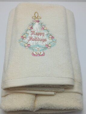 Royal Terry 1980s Christmas Happy Holidays Body and Hand Towel Set Cotton USA